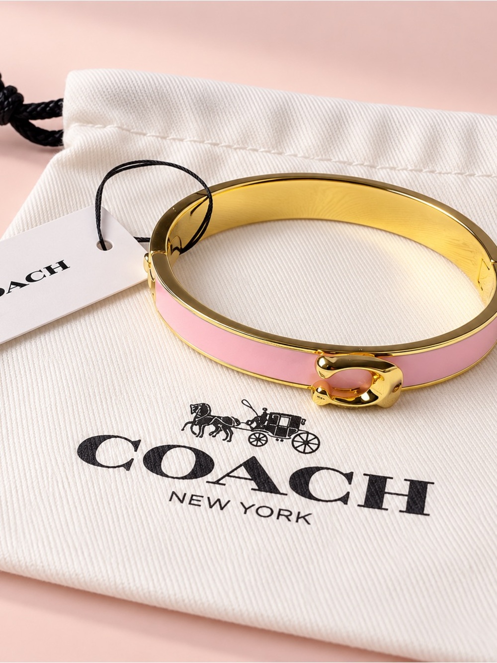 Coach Pink Enamel Bangle with Gold-Tone Signature Clasp